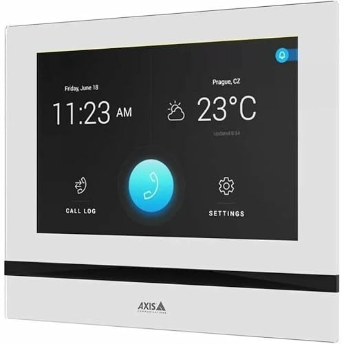 White Axis I5304 video intercom system featuring a 17.8 cm (7") touchscreen display, showing time, temperature, and call log with a central blue button and sleek black stripe.