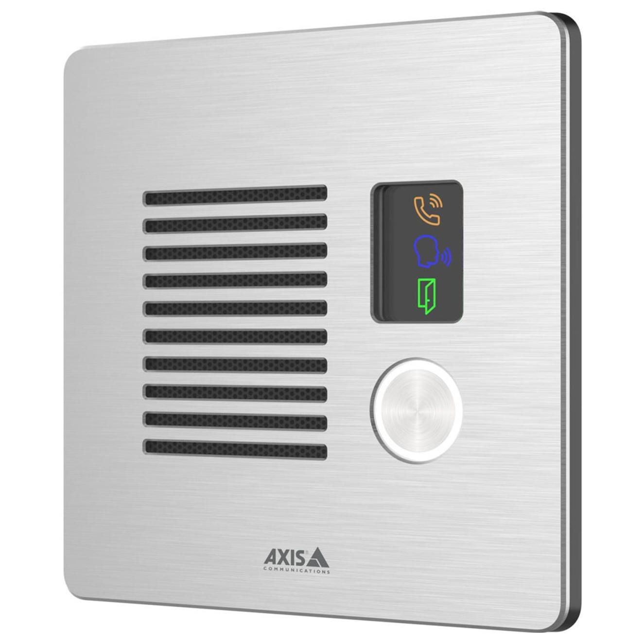 Stainless steel intercom with a sleek design, featuring a speaker grille, call button, and indicator lights on a brushed metal surface, branded with AXIS logo.