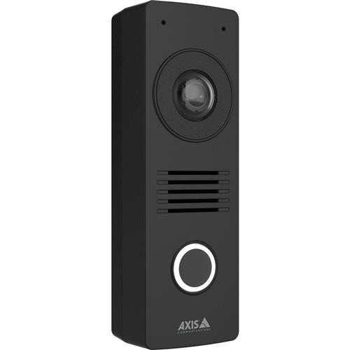Black Axis I8116-E video intercom system features a 5 MP camera, a circular button, and horizontal ventilation grilles, designed for secure communication.