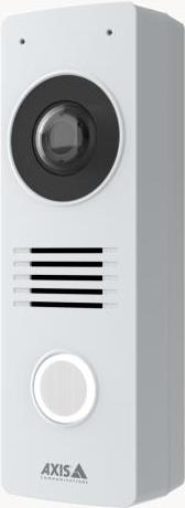 White Axis I8116-E video intercom system featuring a 5 MP camera, circular lens, speaker grille, and a round call button at the bottom.