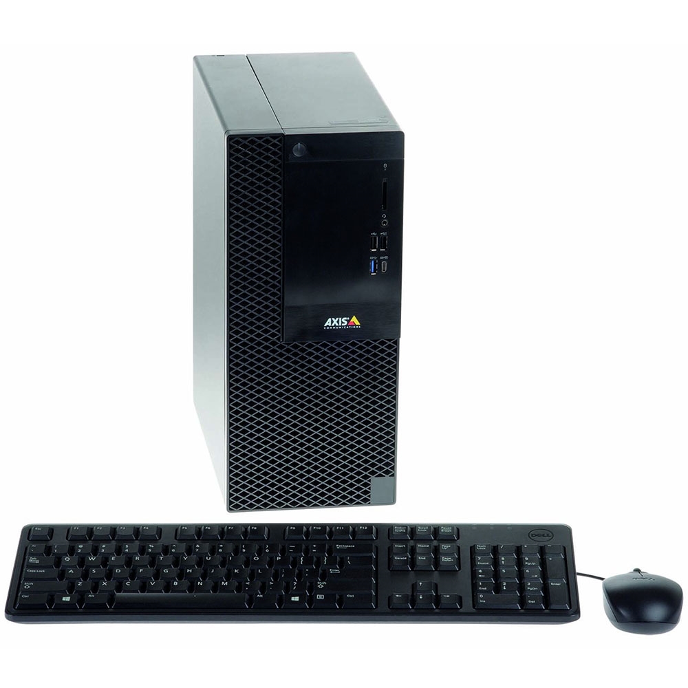 Black workstation with a sleek design featuring an Intel® Core™ i5 8400 processor, 8 GB RAM, 8 TB HDD, accompanied by a black keyboard and mouse.