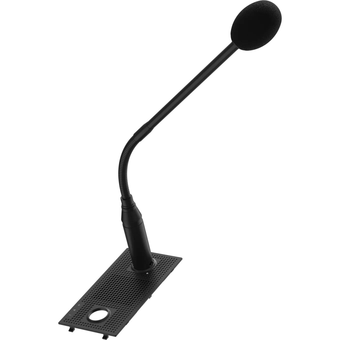 Black conference microphone with a flexible gooseneck, a round foam windscreen, and a perforated base for stability, designed for professional audio applications.