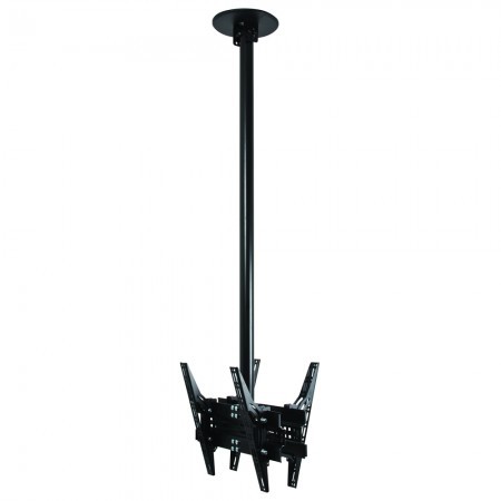 Black metal back-to-back universal flat screen ceiling mount with tilt feature, featuring adjustable arms for secure TV placement.