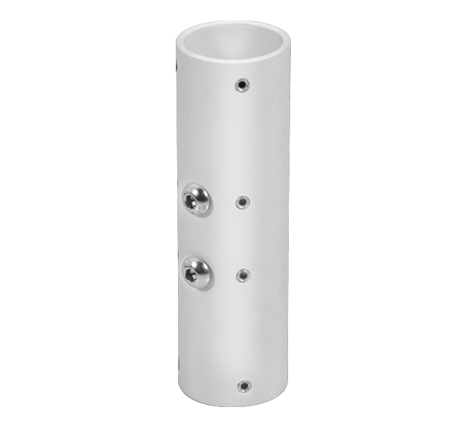 White cylindrical mount with multiple holes and silver fittings, designed for secure installation of display equipment.