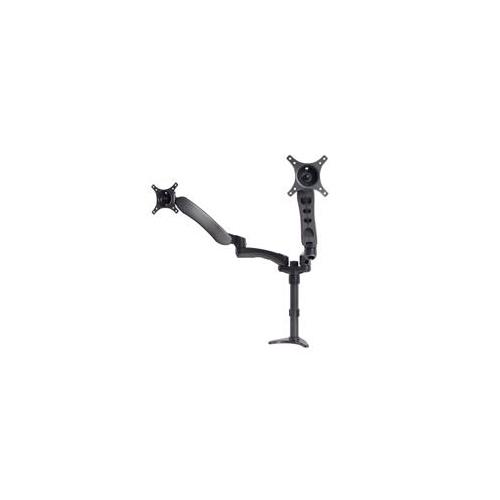 Black and graphite desk mount with a single adjustable arm, designed for 24-inch screens, featuring a sturdy base and VESA compatibility for easy installation.