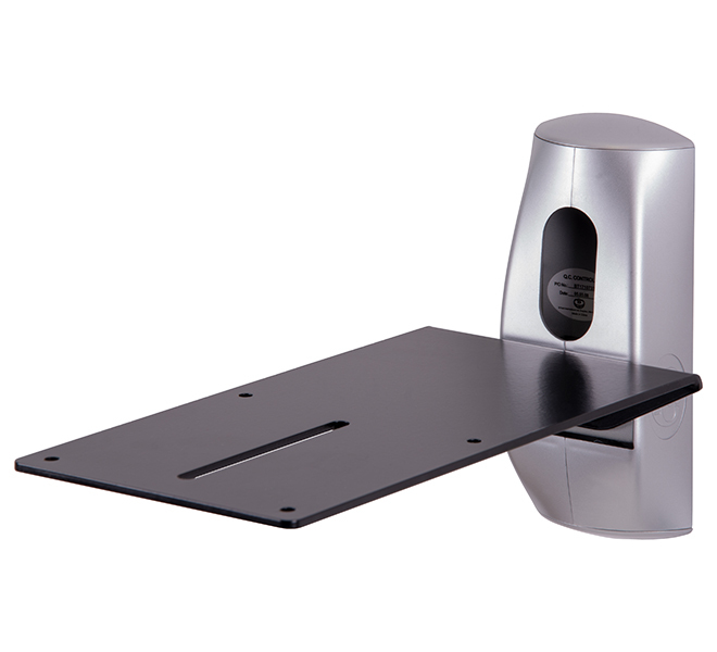 Wall-mounted VC camera shelf in sleek silver and black, featuring a sturdy black platform with a slot for cable management and a contoured silver wall mount for easy installation.