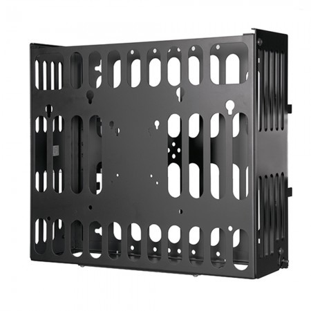 Black metal AV storage cradle with multiple cutouts for ventilation, designed for wall mounting, featuring a sturdy frame for holding audio-visual equipment securely.