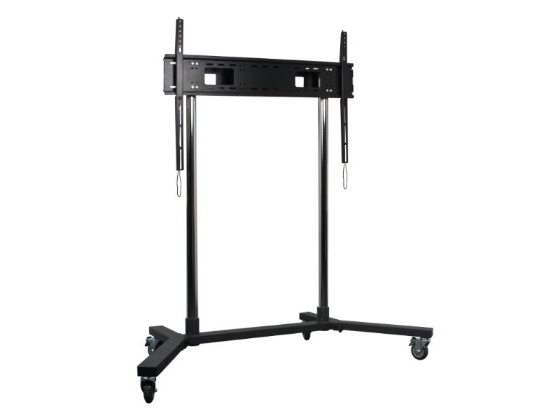 Black mobile TV stand with a sturdy metal frame, adjustable height for 65" screens, and four rolling casters for easy mobility.