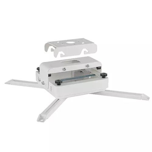 White ceiling projector mount with adjustable arms, featuring a sturdy metal construction and a flat mounting plate for secure installation.