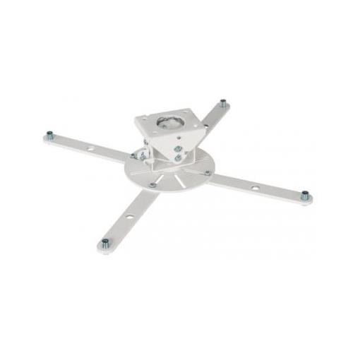 White ceiling mount with a circular base and four extending arms, designed for projector installation, featuring adjustable components for secure positioning.