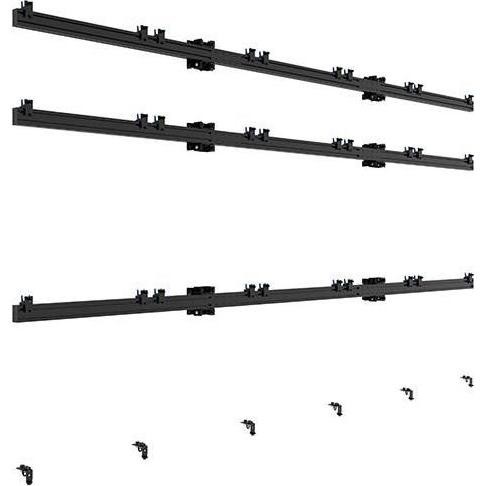 Black metal mounting rails with multiple adjustable brackets, designed for secure installation of display screens or equipment, featuring a sleek, modern design.