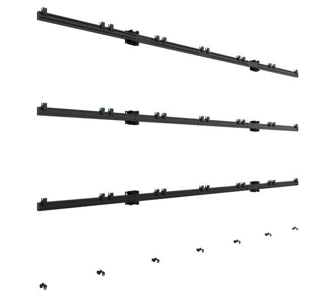 Black aluminum mounting rails with adjustable clips, designed for secure installation, featuring three horizontal bars and multiple attachment points for versatility.