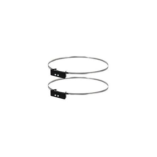Black metal clamps with circular steel rings, designed for securing columns or pillars, featuring adjustable locking mechanisms for a secure fit.