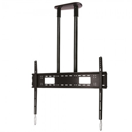 Extra-large black metal ceiling mount for flat screens, featuring adjustable arms and VESA compatibility up to 1100 x 700 mm, designed for secure installation.