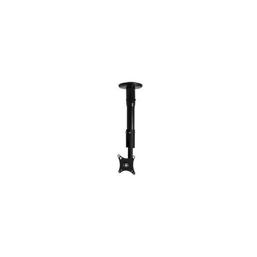 Black metal flat screen ceiling/desk mount with adjustable height, tilt, and swivel features, designed for VESA compatibility.