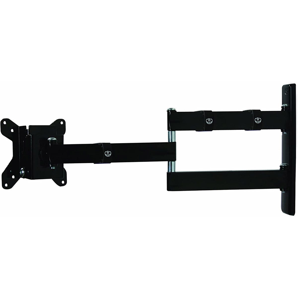 Black metal tilt and swivel double arm TV wall mount designed for screens up to 28 inches, featuring adjustable arms and a sturdy wall plate for secure installation.