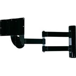 Black metal TV wall mount with a double arm design, featuring tilt and swivel capabilities, suitable for screens up to 47 inches.