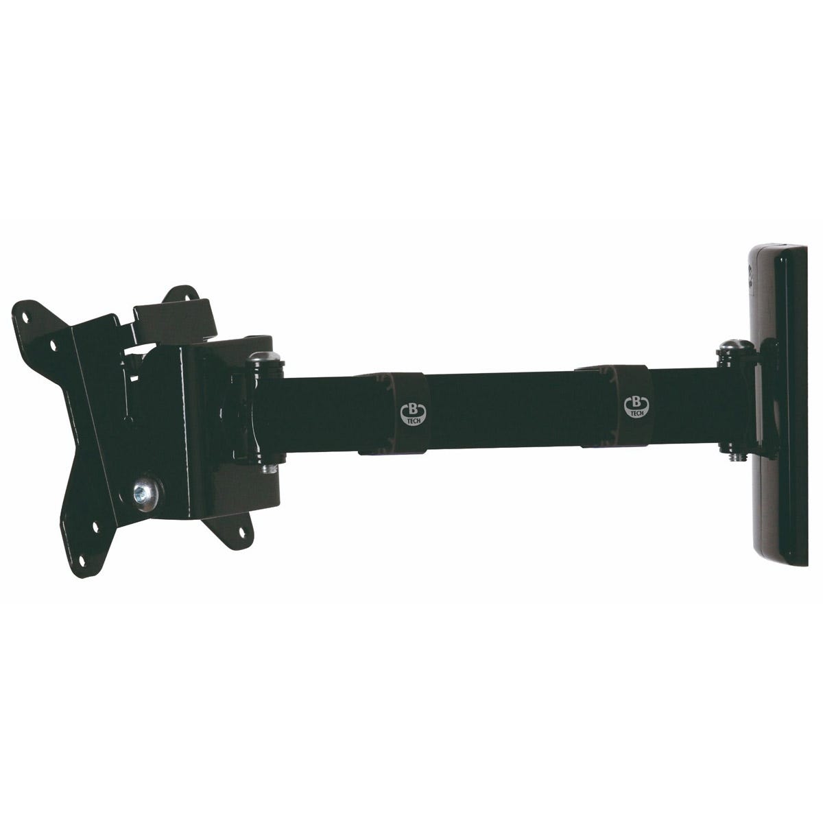 Black metal TV wall mount with a tilt and swivel single arm design, suitable for screens up to 28 inches, featuring adjustable brackets for secure attachment.
