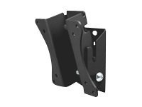 Black metal tilting TV wall mount designed for screens up to 28 inches, featuring adjustable brackets and multiple mounting holes for secure installation.