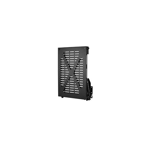 Black metal flip-down AV storage tray with a perforated design and side mounting bracket, designed for easy access and organization of audio-visual equipment.