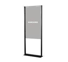 Black floor mount designed for a Samsung 55-inch display, featuring a sleek metal frame and a sturdy base for stability.