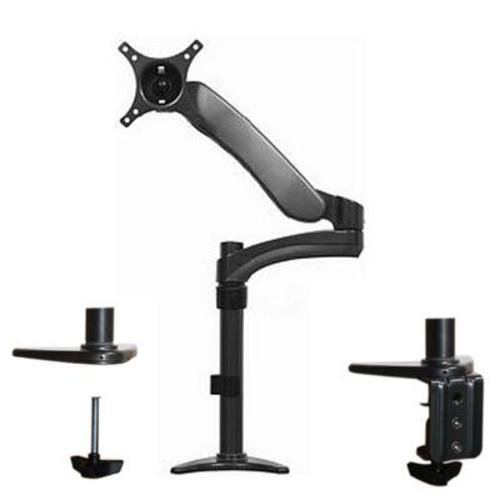 Black full motion double arm desk mount for flat screens, designed for up to 24" displays, featuring adjustable height and tilt, with sturdy base and clamp options for easy installation.