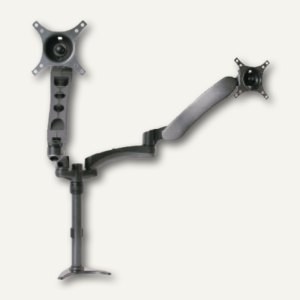 B-Tech Full Motion Twin Flat Screen Desk Mount features dual black metal arms, adjustable height, and a sleek design for mounting two screens side by side.