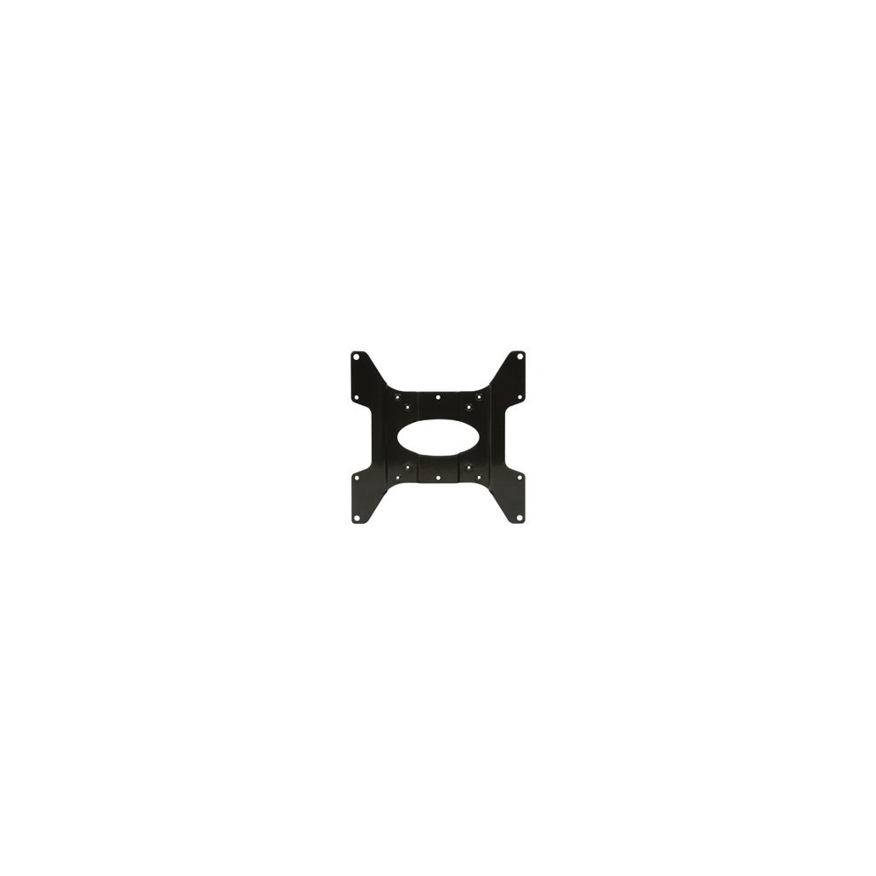 Black metal VESA adaptor plate with dimensions 75x75mm to 200x200mm, featuring multiple mounting holes for secure attachment to various displays.