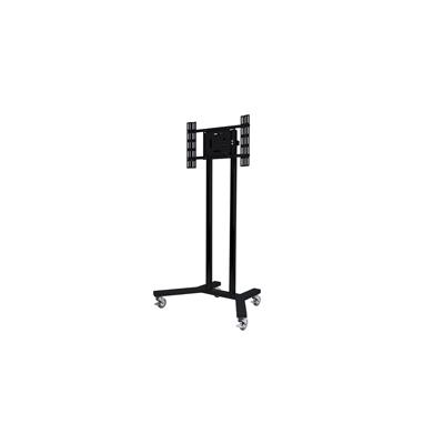 Large black metal flat screen trolley with VESA 600 x 400 compatibility, featuring adjustable brackets and four wheels for mobility.