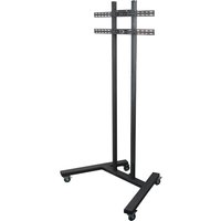Black B-Tech flat screen trolley with dual vertical support bars, wheeled base, and VESA 800 x 6 compatibility.