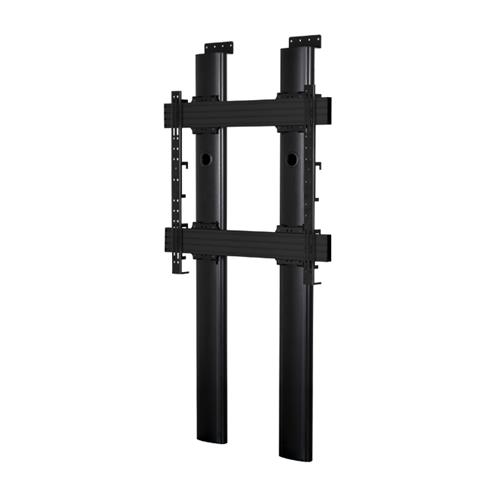 Premium floor-to-wall mount with twin black columns, designed for single screen installation, featuring adjustable brackets and cable management options.