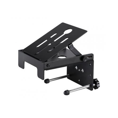 Black metal mounting cradle with adjustable angle and slotted surface, designed for securing Mersive Solstice Pod, featuring sturdy support arms and a knob for tightening.