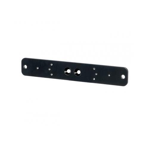Black metal mounting plate featuring multiple holes for secure attachment, designed for compatibility with Bose Videobar VB1, Neat.Bar, Yealink MSpeaker II, and Logitech Rally Plus.