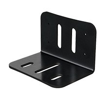 Black metal mounting plate designed for Logitech MeetUp, Poly Studio X30, and Yealink, featuring multiple slots for secure installation.