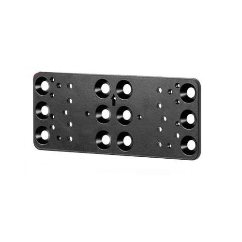 Black metal mounting plate featuring multiple circular holes for secure attachment, designed for UC/VC video bars, with a sleek, flat surface.