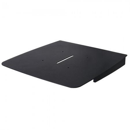 Black steel AV accessory shelf with a smooth surface, measuring 300 x 300 mm, featuring a central slot for cable management and collar mounting holes for secure installation.