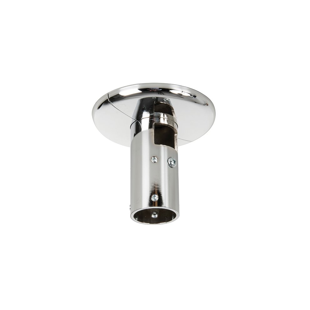 Chrome-finished ceiling mount with a cylindrical pole attachment, designed for Ø50mm poles, featuring a sleek, modern design and sturdy construction.