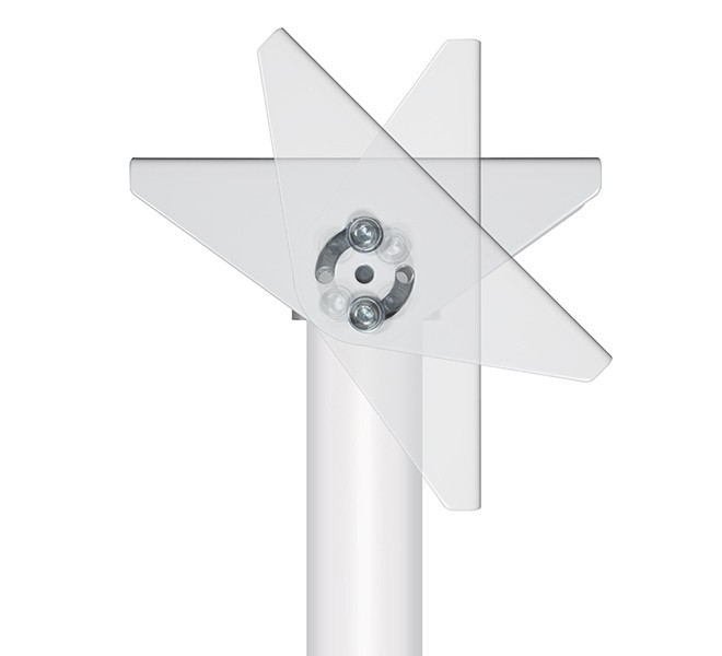 Ceiling/wall mount in white with a tilt feature, featuring a sleek design and a star-shaped attachment plate with visible screws for secure installation.