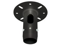 Black metal ceiling pole mounting plate with a circular base, multiple mounting holes, and a cylindrical connector for secure installation.