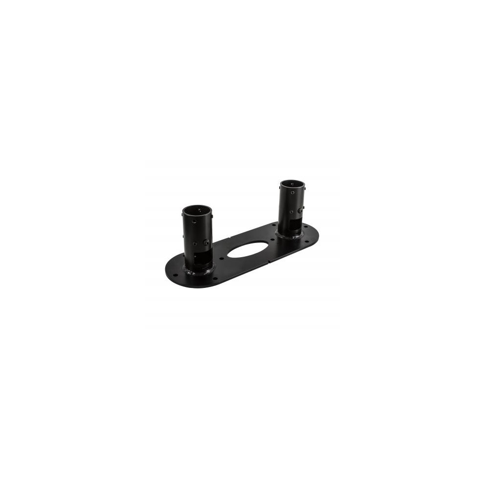 Heavy-duty black twin pole ceiling/floor mount with two cylindrical supports for Ø50mm poles, featuring a sturdy rectangular base with multiple mounting holes.