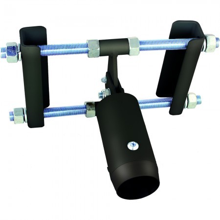 Black metal I-beam ceiling girder mount with adjustable steel bolts and nuts, designed for secure attachment and stability in mounting applications.