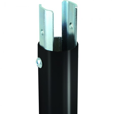 B-Tech 50mm System2 ceiling mount internal pole joiner in black zinc-coated metal, featuring two vertical slots and a side screw for secure attachment.