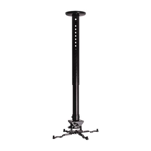 Black universal projector ceiling mount with a long adjustable pole, featuring multiple mounting holes and a sturdy base for secure installation.