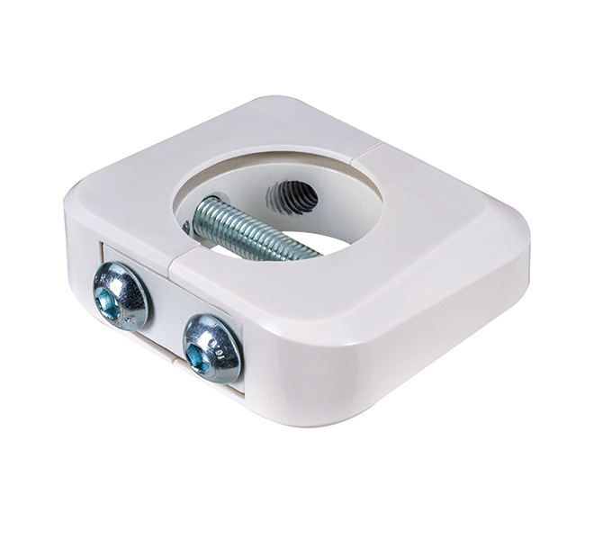 White accessory collar designed for Ø38mm poles, featuring a square shape, two silver screws, and a central threaded hole for secure attachment.