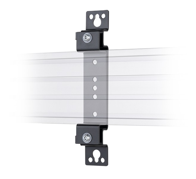 Adjustable depth rail mounting bracket in black metal with multiple mounting holes, designed for versatile installation on rail systems.
