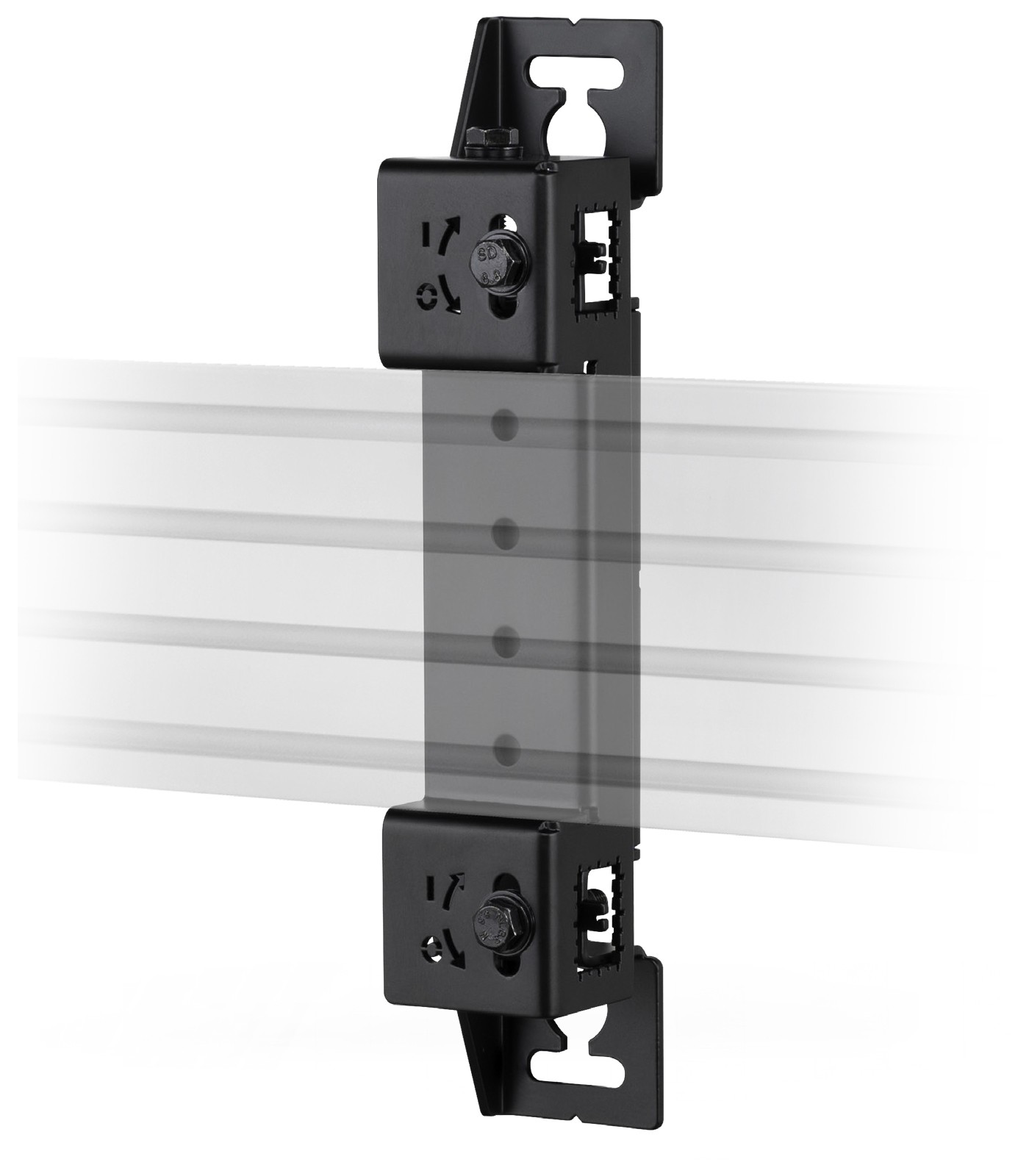 Black adjustable rail mounting bracket with multiple depth settings, featuring a sturdy metal construction and easy-to-use adjustment knobs for versatile installation.