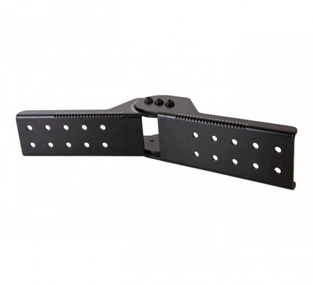 Black metal angle adjustment connector with multiple holes for mounting, designed for the B-Tech BT8390 system, featuring a pivot point for flexible positioning.