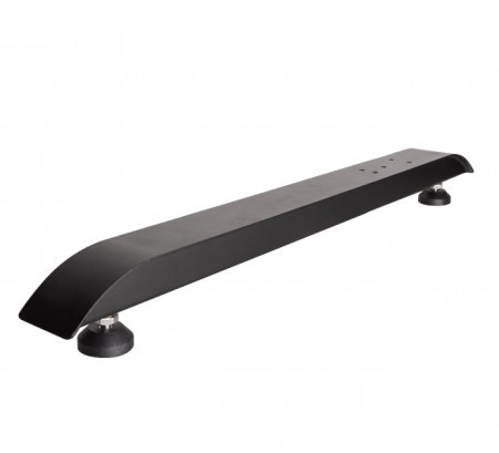 Black metal floor stand with a sleek, curved design and adjustable feet, designed for stability and compatibility with B-Tech BT8380.