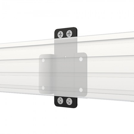 Black rail mounting bracket with a rectangular shape, featuring four screw holes, designed for B-Tech SYSTEM X, positioned 19mm from the wall.