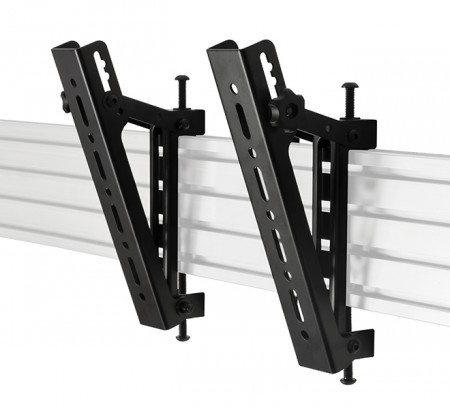 Black metal VESA 200 flat screen interface arms with tilt feature, designed for mounting, showcasing adjustable slots and screws for secure installation.
